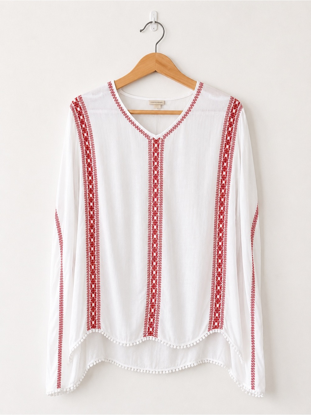 Swim Cover-Up Merona White & Red Embroidered Tunic Poncho Top Size Small